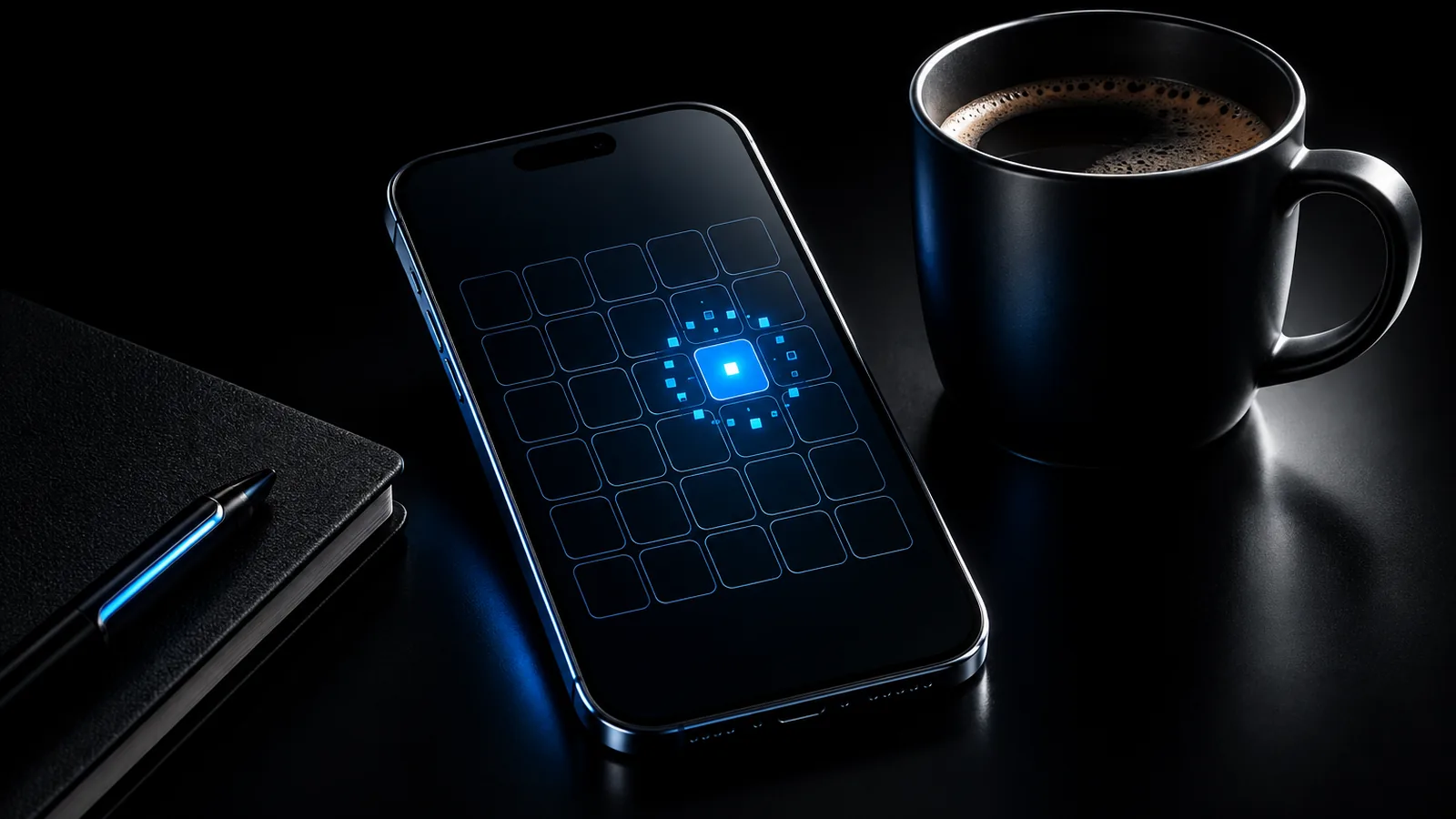 A phone on a dark desk showing a calendar grid with one day lit blue, next to a coffee
