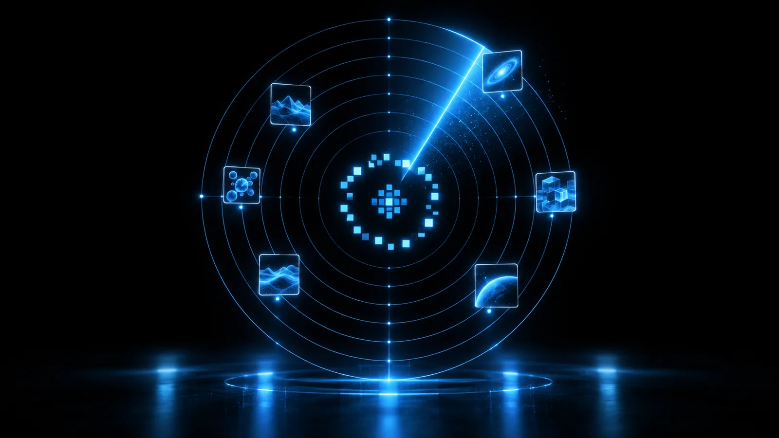 A blue radar sweep revealing content cards as it turns
